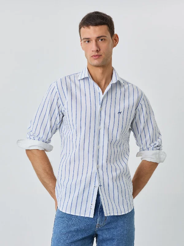 Slim Fit Shirt With Open Collar In Cotton-linen Blend With Stripes