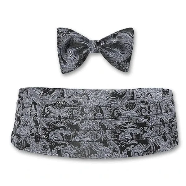 Black and Grey Paisley Silk Jacquard Cummerbund and Bow Tie Set by Dion