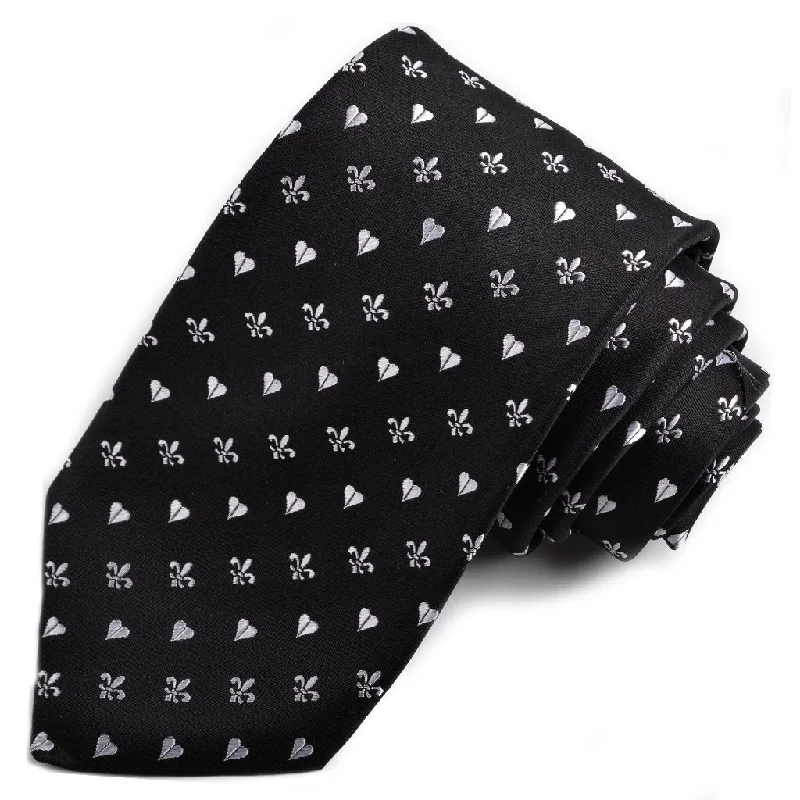 Black and White Hearts & Fleur-De-Lis Woven Silk Jacquard Tie by Dion Neckwear