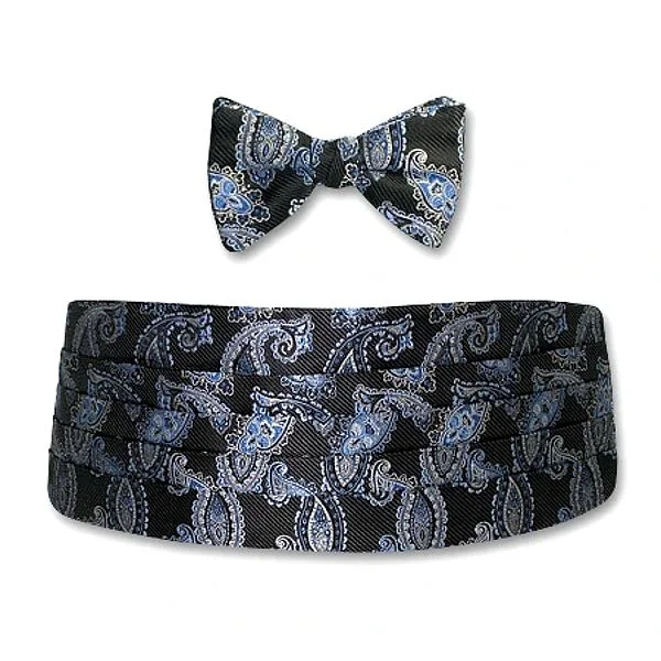 Black, Blue, and Grey Paisley Silk Jacquard Cummerbund and Bow Tie Set by Dion