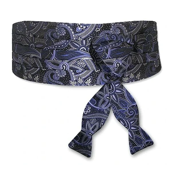 Black, Purple, and Silver Paisley Silk Jacquard Cummerbund and Bow Tie Set by Dion