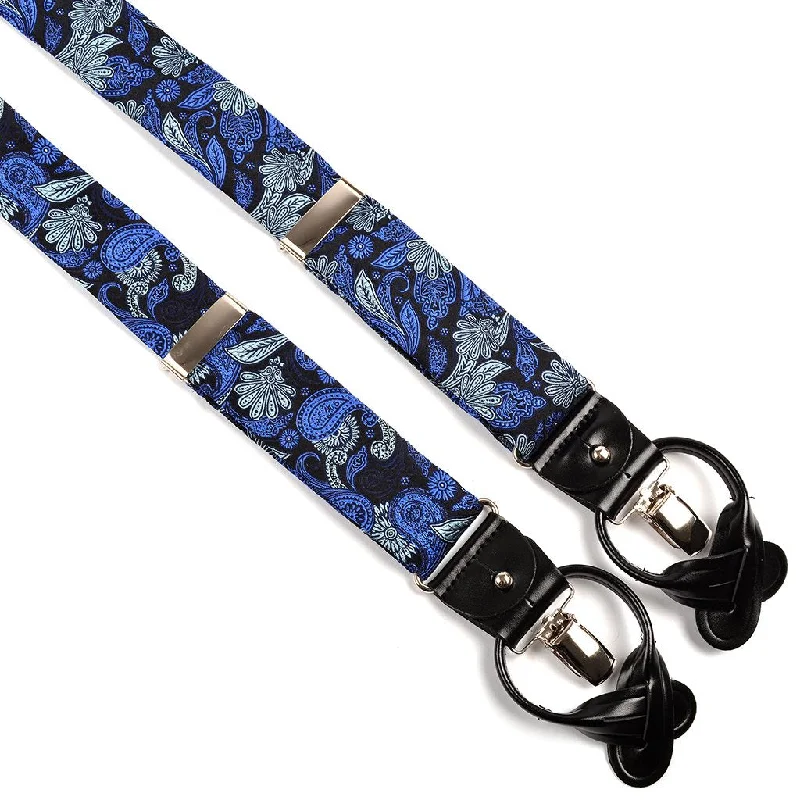 Black, Royal, and Ice Blue Teardrop Floral Paisley Silk Woven Jacquard Suspenders by Dion