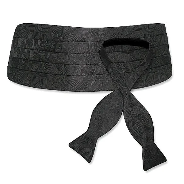 Black Tonal Floral Paisley Silk Jacquard Cummerbund and Bow Tie Set by Dion