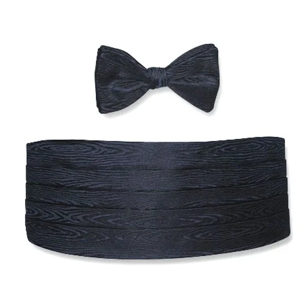 Navy Tonal Wave Silk Jacquard Cummerbund and Bow Tie Set by Dion