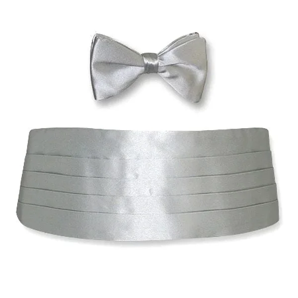 Silver Silk Jacquard Cummerbund and Bow Tie Set by Dion