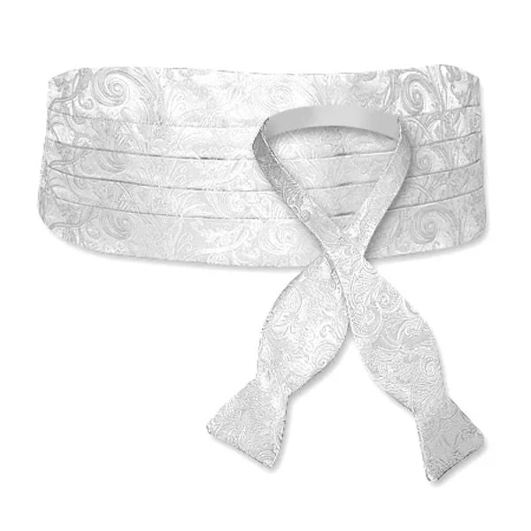 White Tonal Paisley Silk Jacquard Cummerbund and Bow Tie Set by Dion