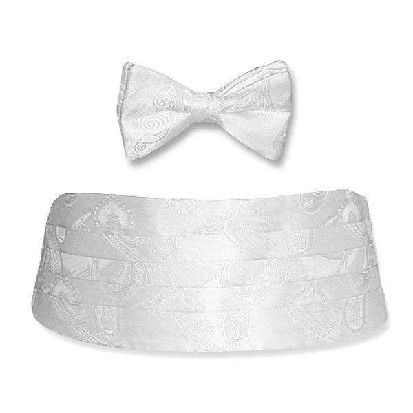 White Tonal Paisley Swirl Silk Jacquard Cummerbund and Bow Tie Set by Dion